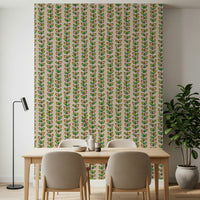 Striped vine motifs with green, yellow, and pink leaves creating a playful retro wallpaper on an off-white background.