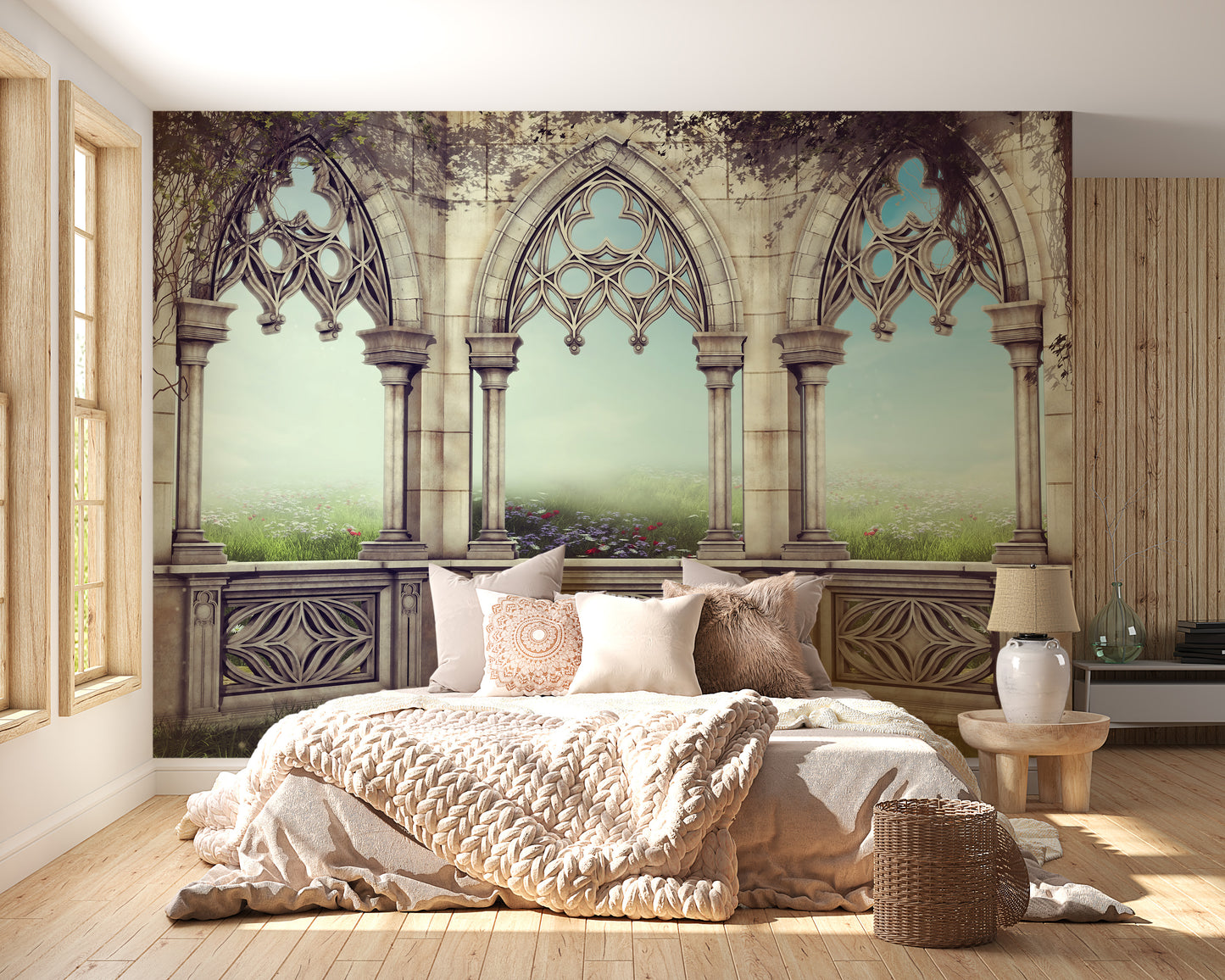 Retro Vintage Garden View wallpaper with Gothic arches over a meadow behind a cream tufted bed in a bedroom