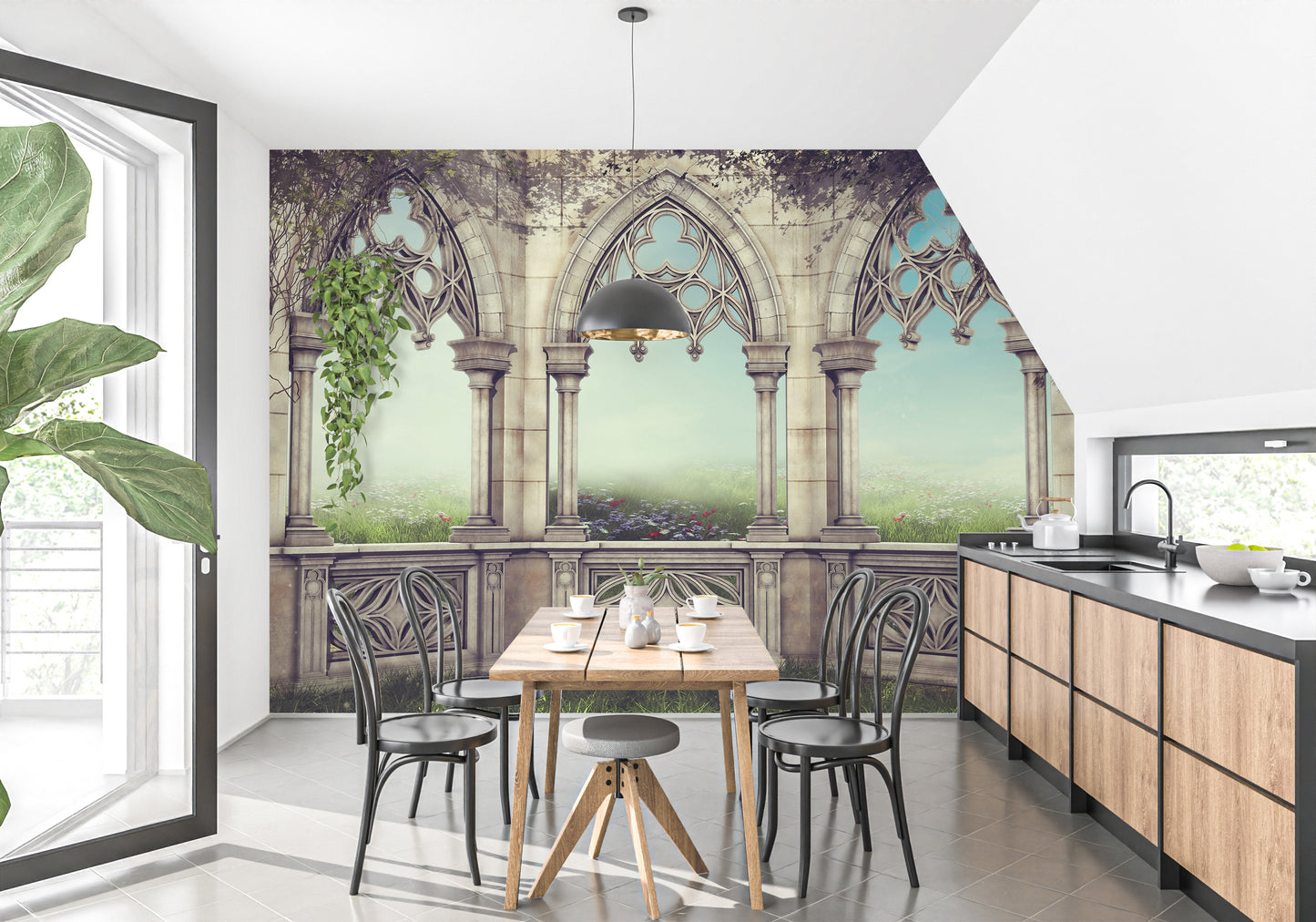 Retro Vintage Garden View wallpaper of ivy-draped arches in a kitchen with wood cabinets and a dining table