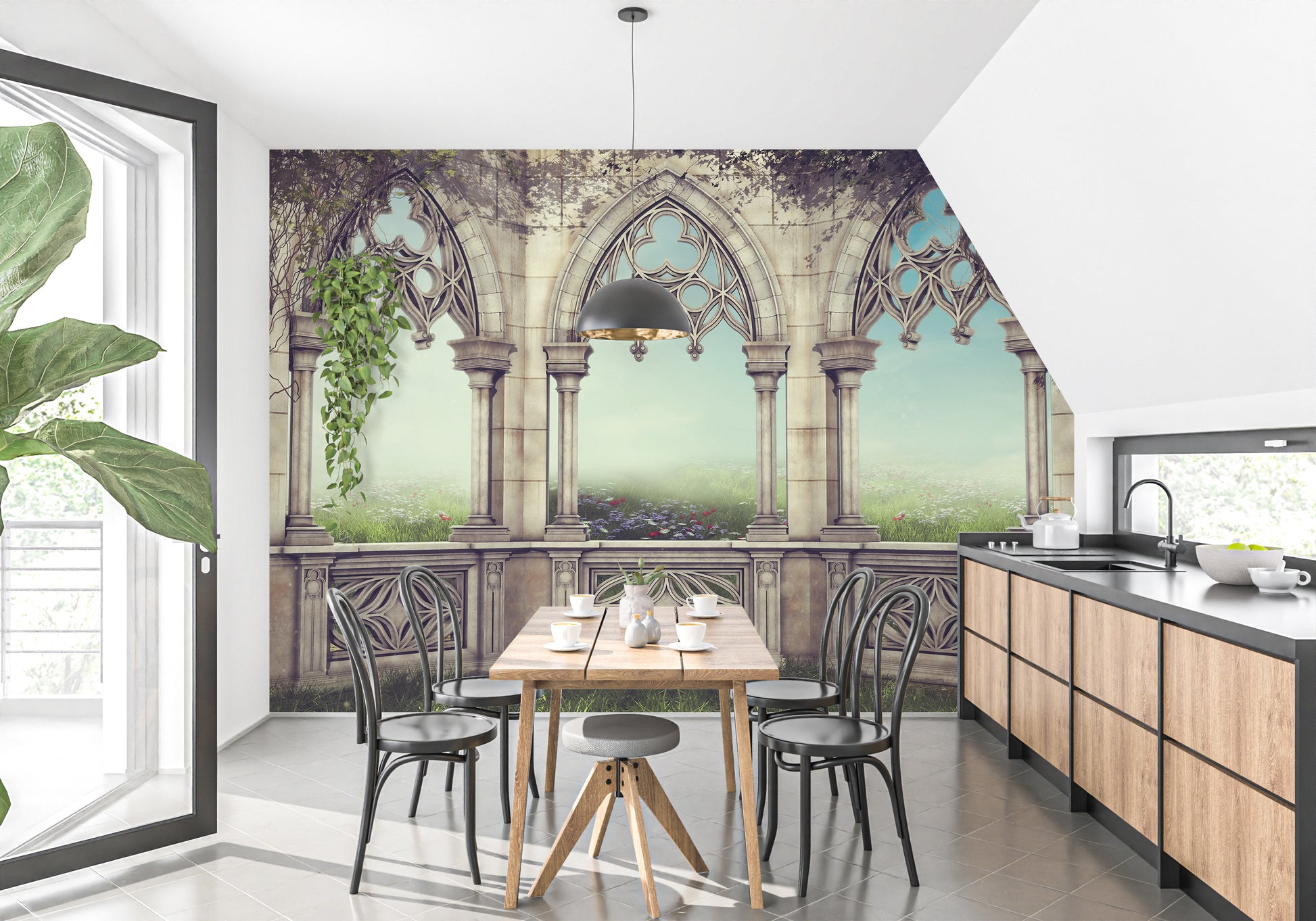 Retro Vintage Garden View wallpaper of ivy-draped arches in a kitchen with wood cabinets and a dining table