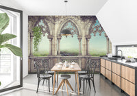 Retro Vintage Garden View wallpaper of ivy-draped arches in a kitchen with wood cabinets and a dining table
