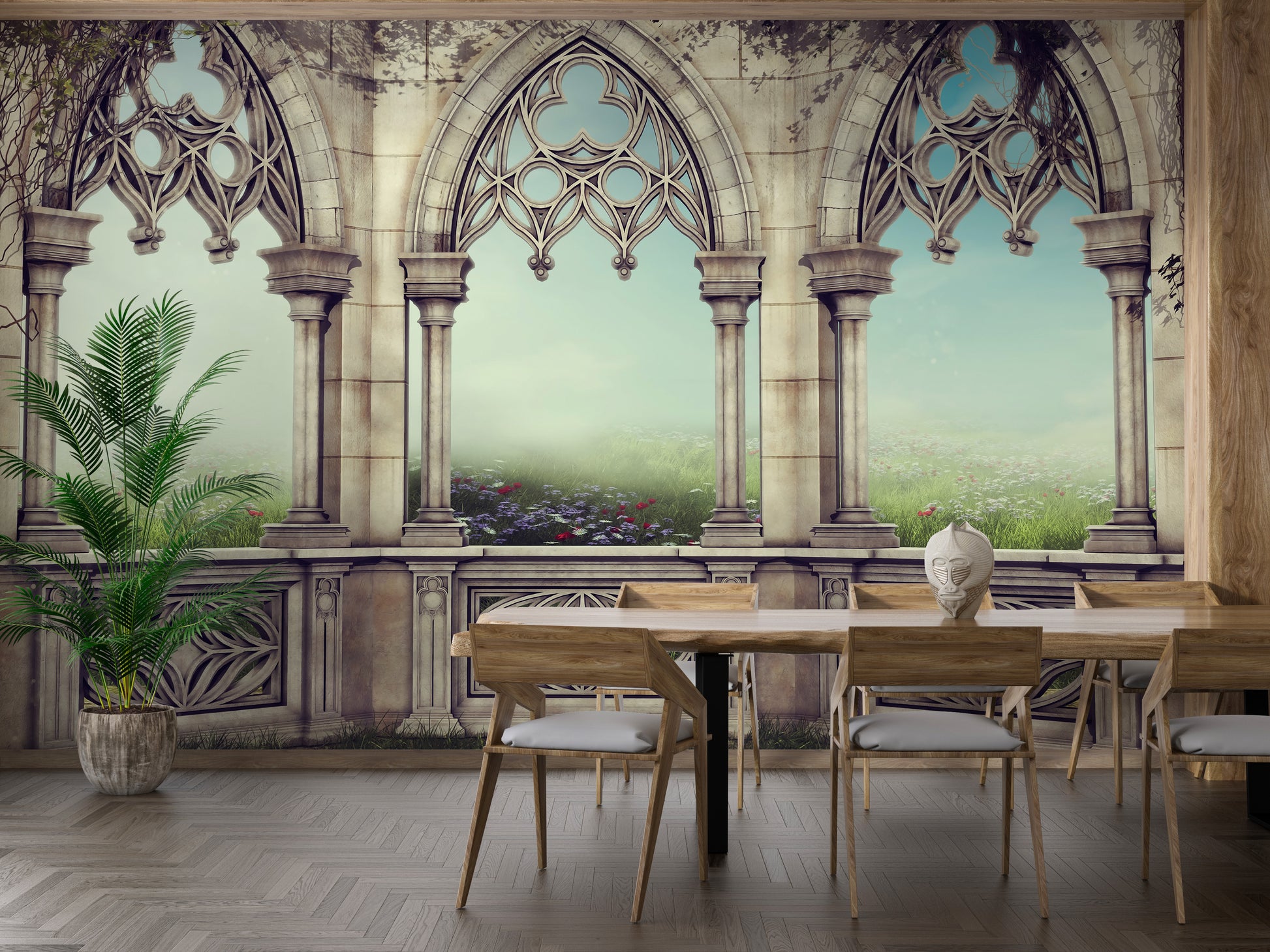 Retro Vintage Garden View wallpaper of Gothic stone arches over a meadow in a dining room with a wood table