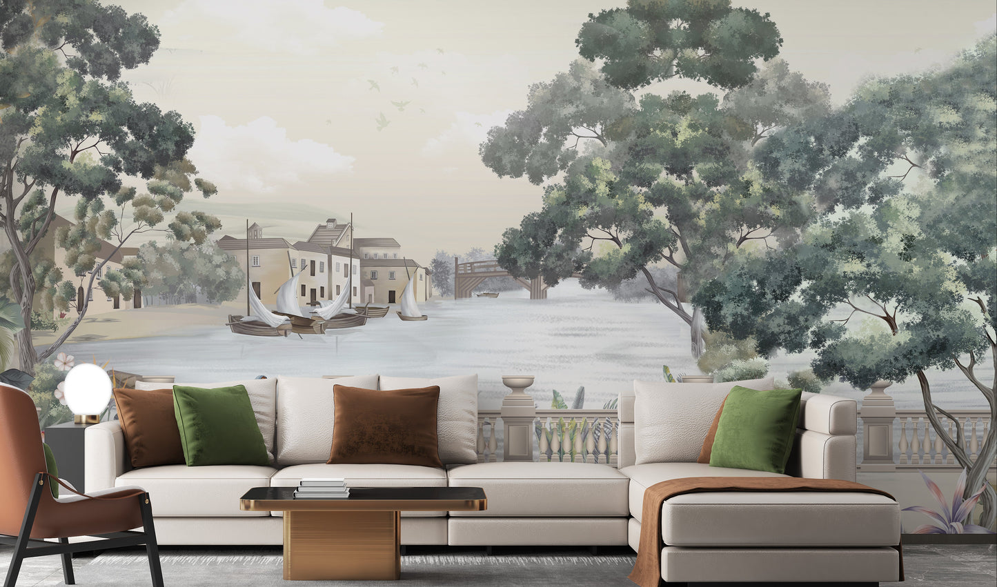 Vintage city wallpaper mural featuring a serene river view