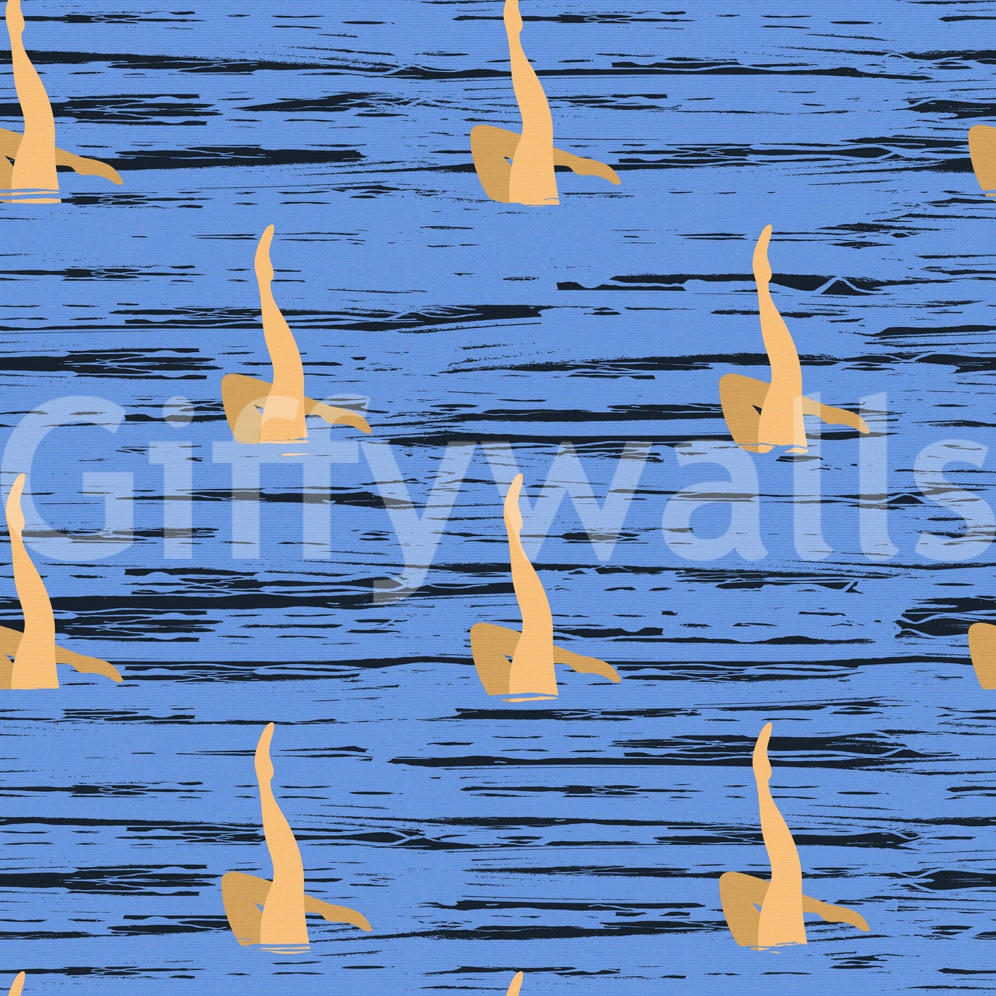 Patterned water rhythms wallpaper combining blue textured waves with soft golden accents.