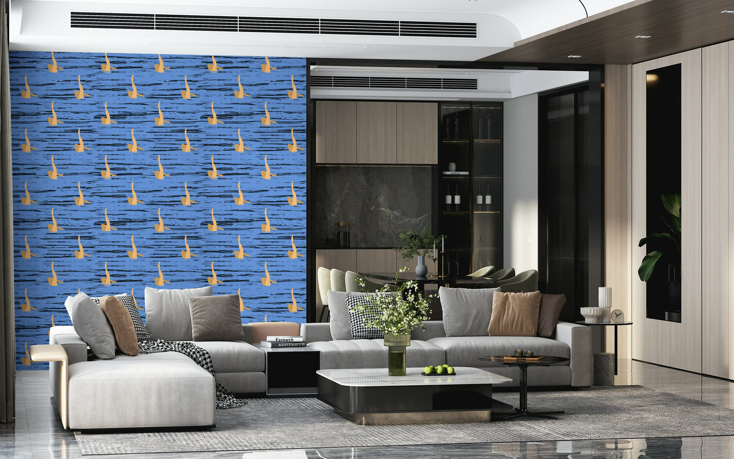 Blue water-themed wallpaper mural with rhythmic black strokes and gold organic motifs.