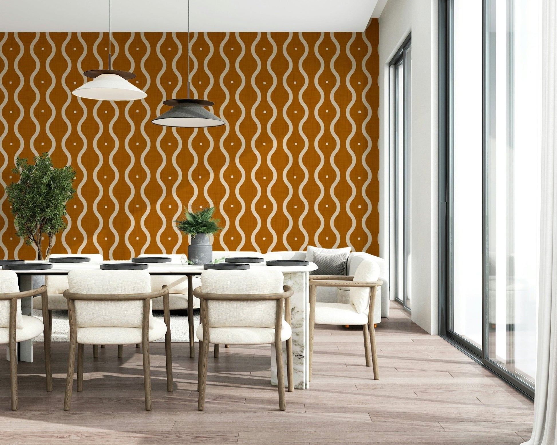 Seventies style vertical wave wallpaper, burnt orange, unique surface print.