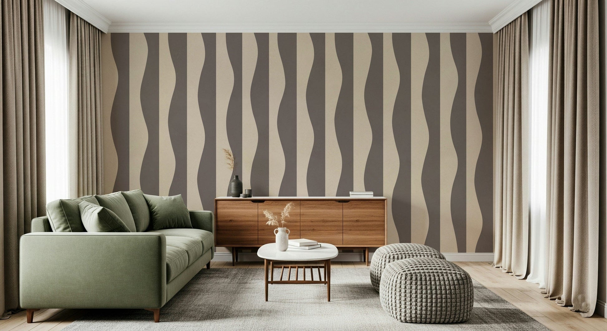 Neutral tone Groovy Stripes print, sophisticated, decorative wall covering.