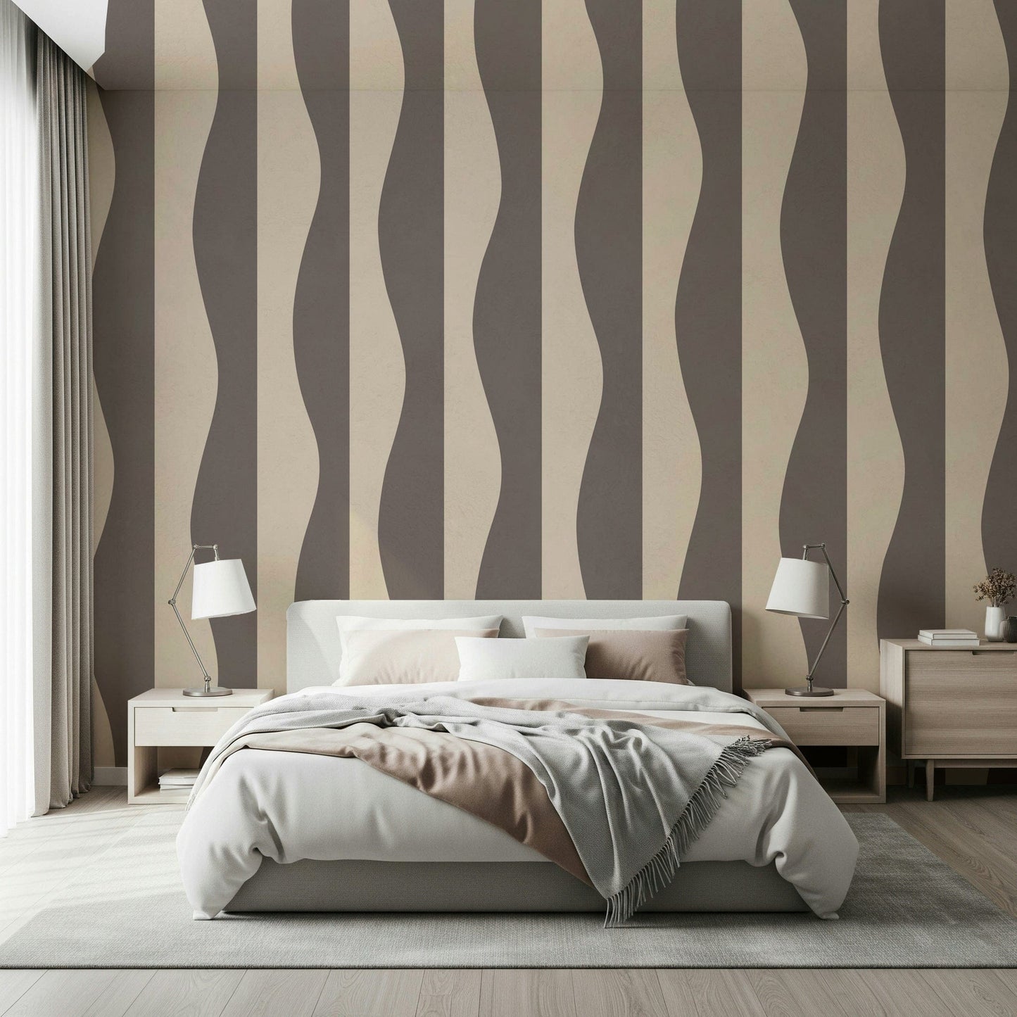 Bohemian Groovy Stripes wallpaper, neutral, abstract, rhythmic wave pattern.