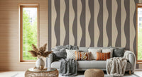 Groovy Stripes wallpaper mural: Wavy, vertical, retro pattern, gray, cream.