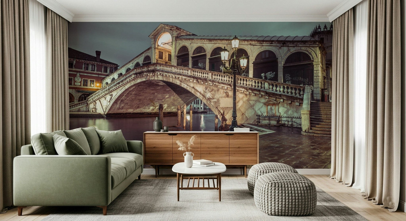 Rialto Bridge wallpaper mural, Venice landmark, historic architecture, moody night view.