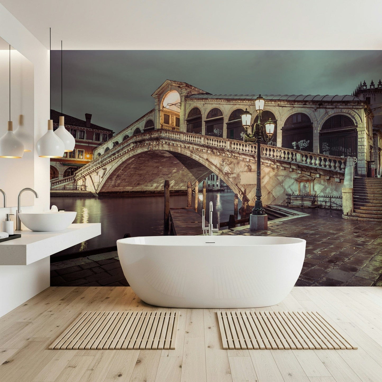 Wet cobblestone street, old streetlamp, stunning Rialto Bridge wall décor, Italy scene.