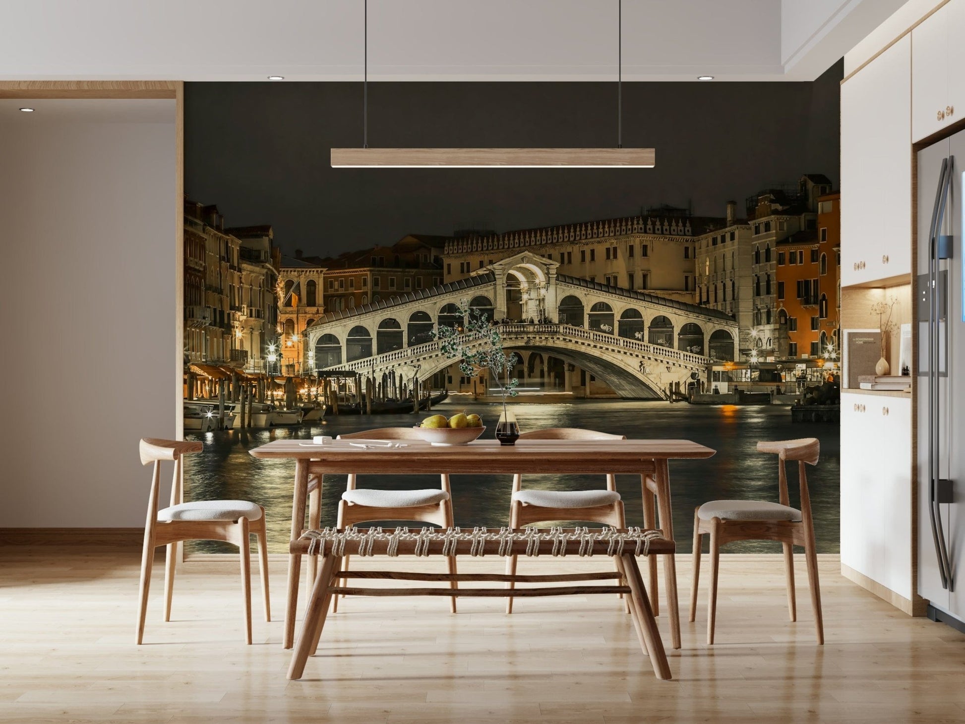 Waterfront night wallpaper mural in entryway, practical décor with console table