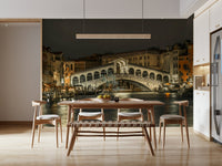 Waterfront night wallpaper mural in entryway, practical décor with console table