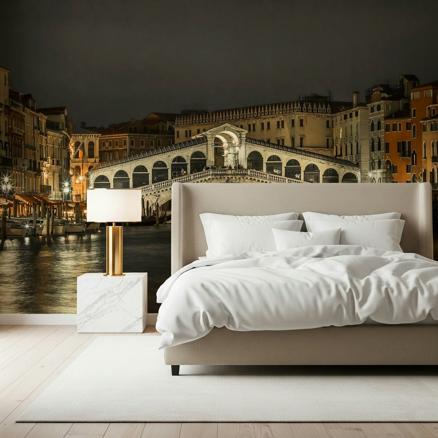 Venice night cityscape mural in home office, tidy desk area and muted tones