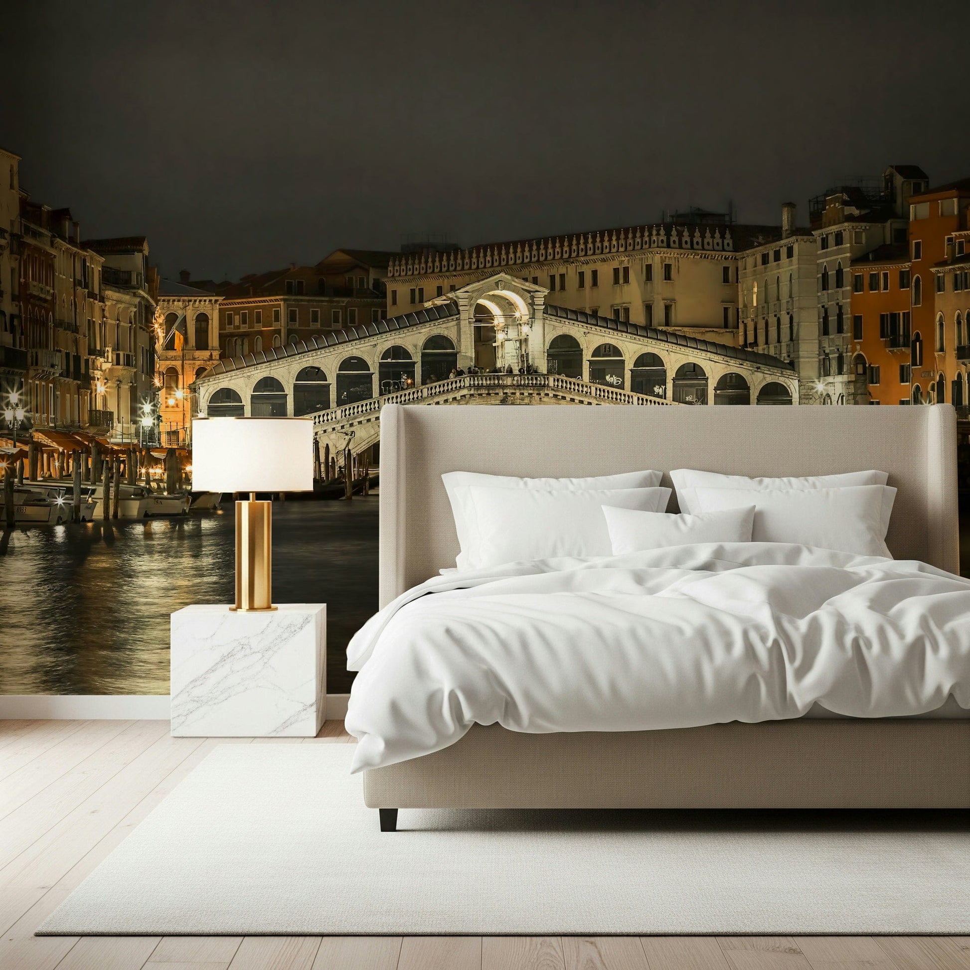 Venice night cityscape mural in home office, tidy desk area and muted tones