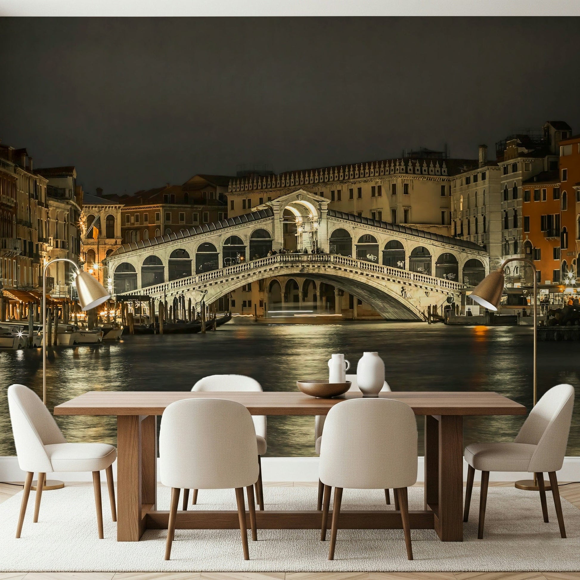 Rialto Bridge at night mural in snug, low light styling and soft furnishings