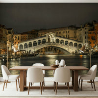 Rialto Bridge at night mural in snug, low light styling and soft furnishings