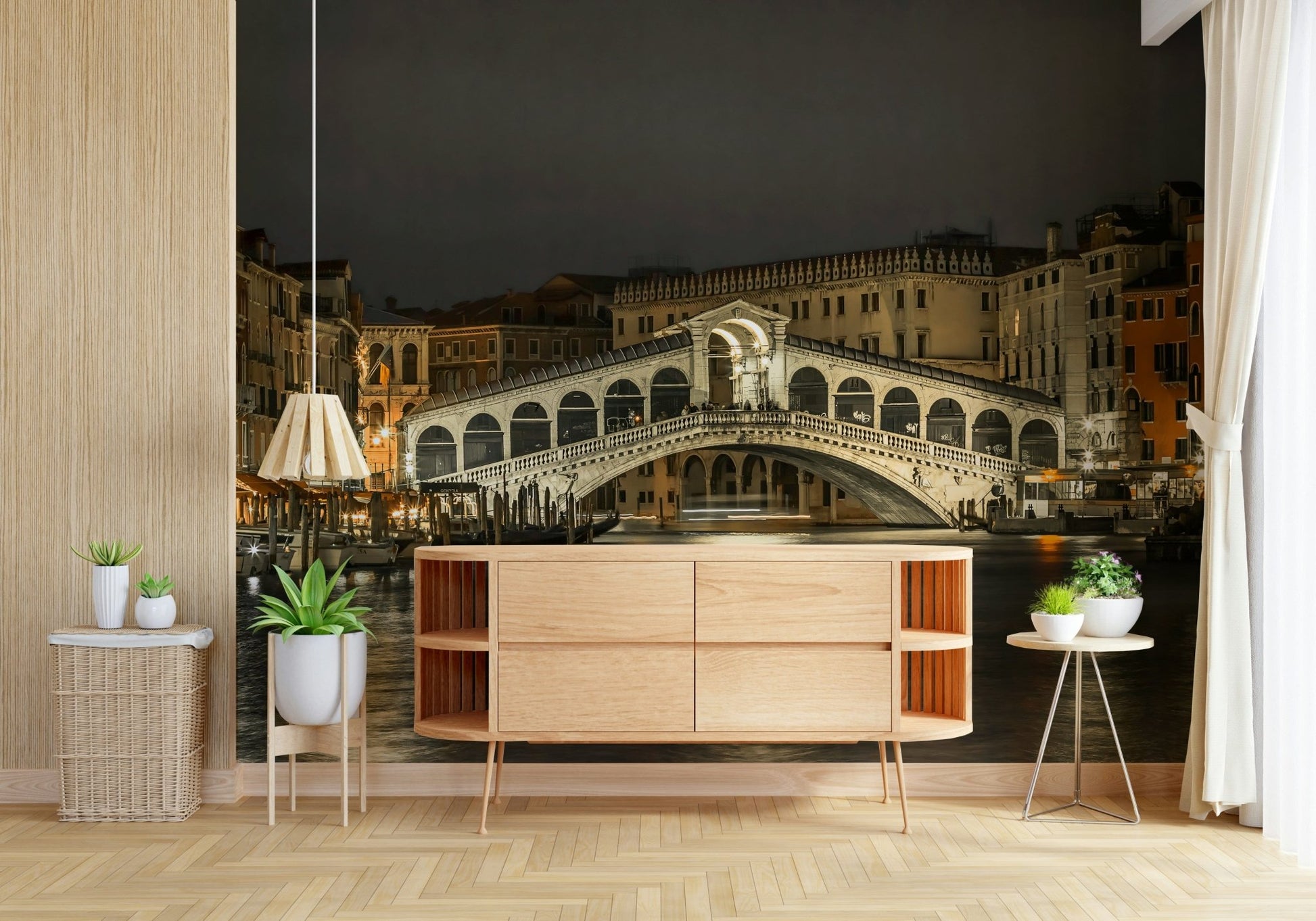 Rialto's Night Wall Mural on bedroom feature wall, deep navy tones with warm light details