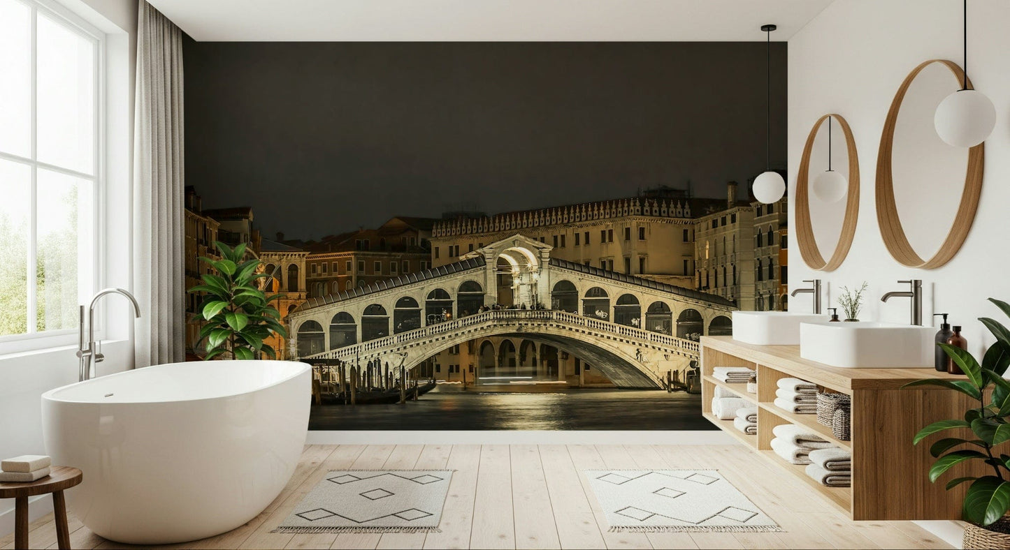 Night Rialto scene mural behind sofa in lounge, modern home décor and neutral textures