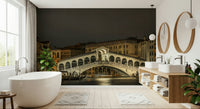 Night Rialto scene mural behind sofa in lounge, modern home décor and neutral textures