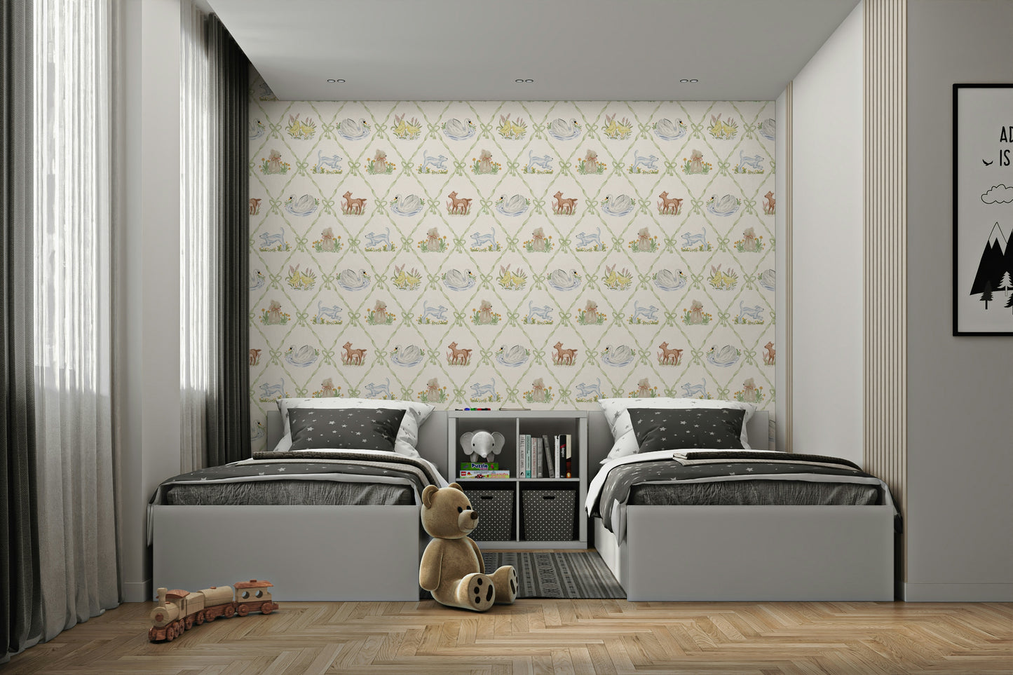 Kids room decorated with Ribbon & Bow Animal Paradise wallpaper

