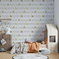 Gentle tones Ribbon & Rhymes wallpaper for baby room walls

