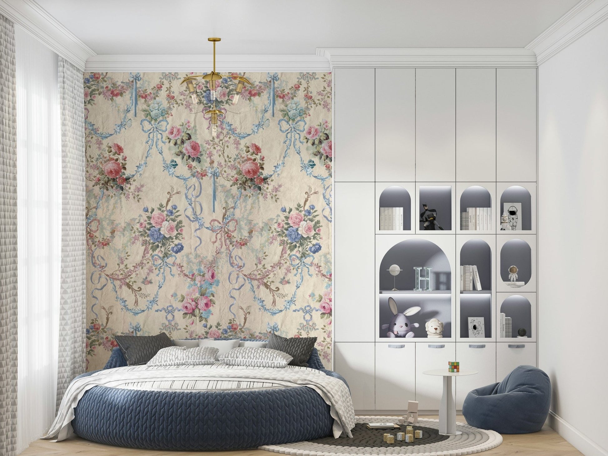 Ribbon Rose Serenade Chinoiserie wallpaper mural with pink roses and blue ribbons behind a round navy bed in a bedroom