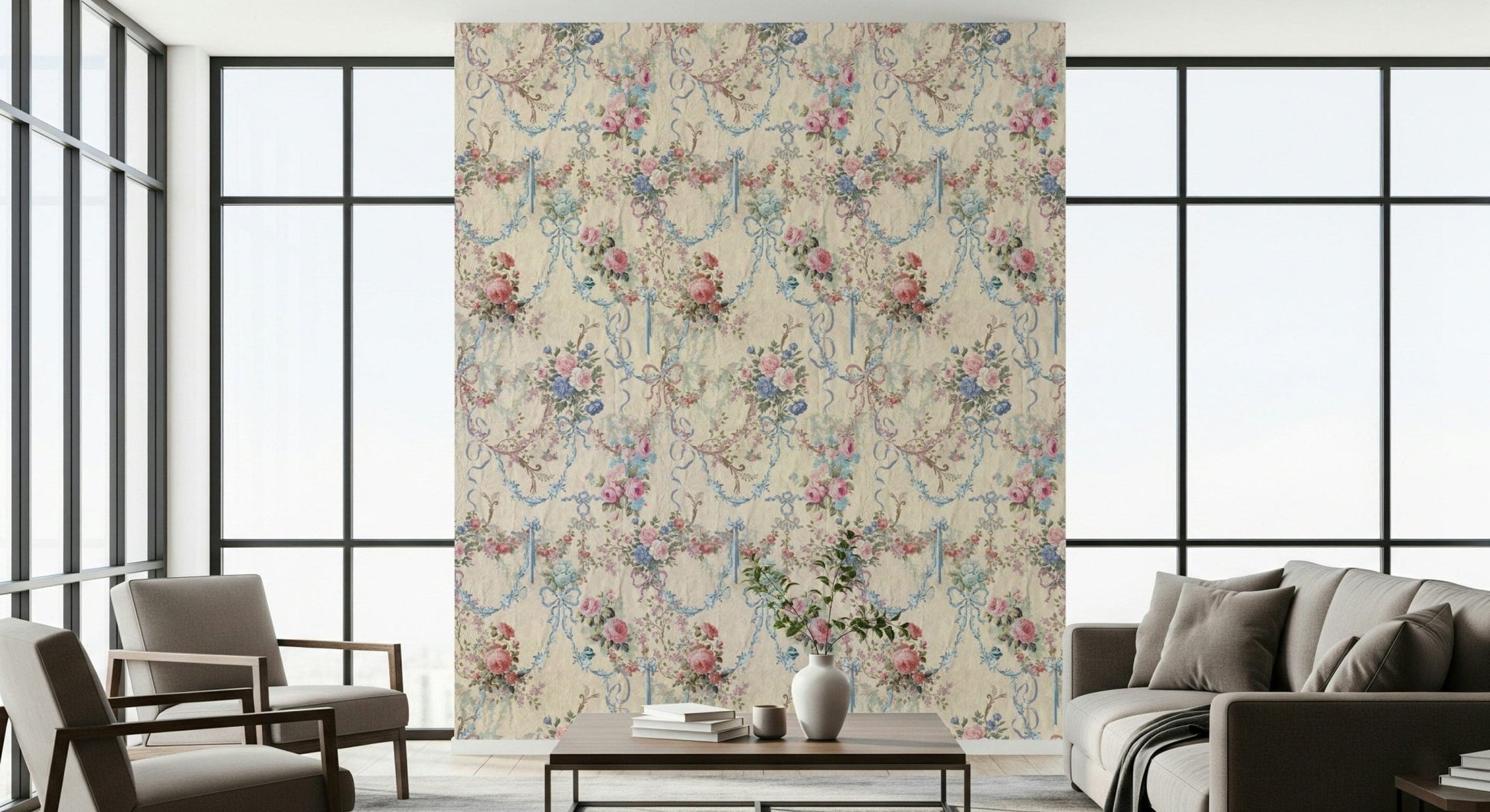 Classic Ribbon Rose Serenade Chinoiserie motif roses draped with ribbons.