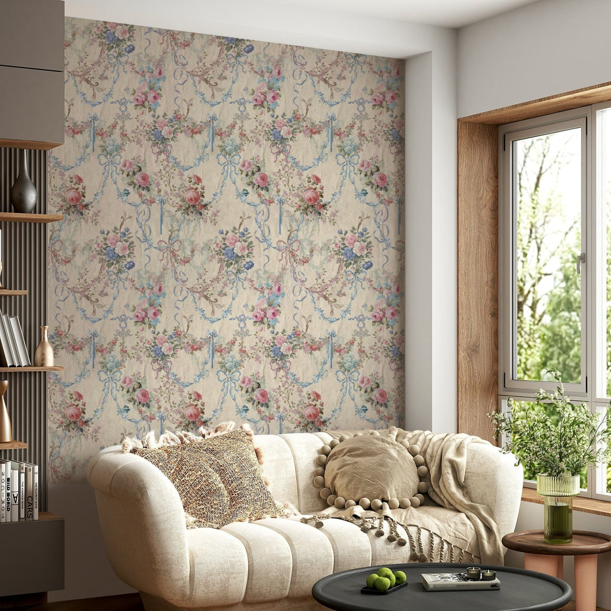 Ribbon Rose Serenade Chinoiserie wall mural vintage floral bouquets.