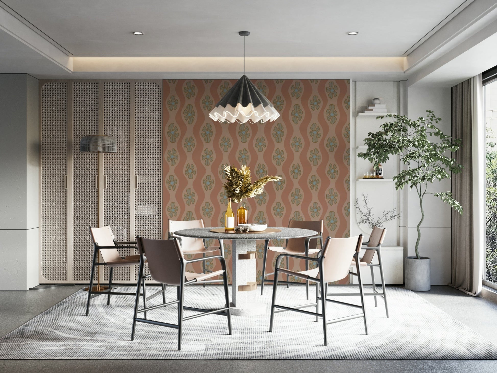 Mid-century style wallpaper in warm brown hues

