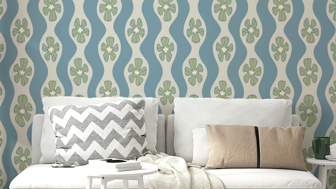 Ripple floral wallpaper in light blue cottage tones

