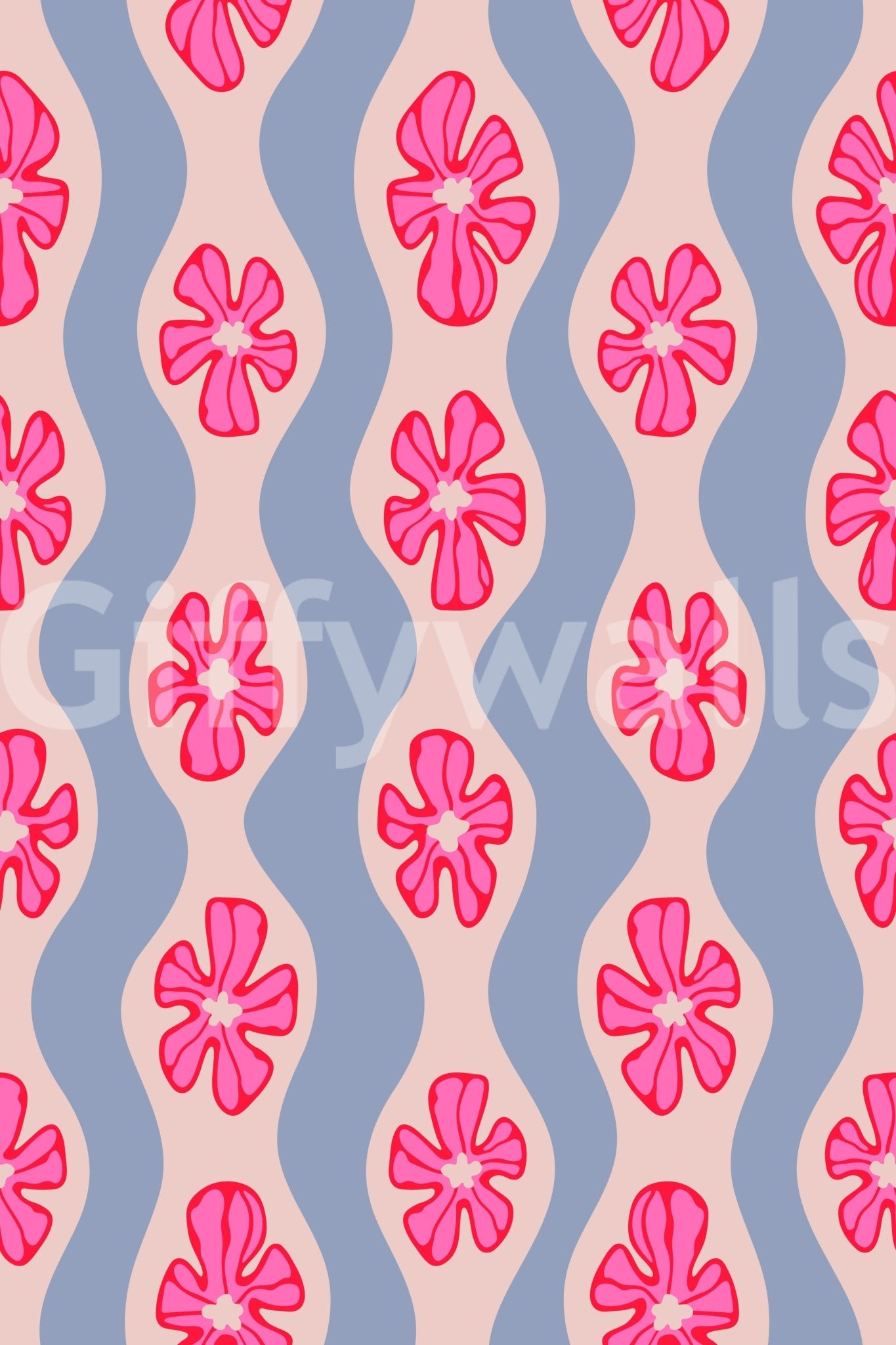 Ripple stripe wallpaper with pink and purple florals

