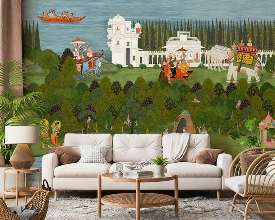 Rishikesh inspired wall mural showing forest, river, and spiritual life