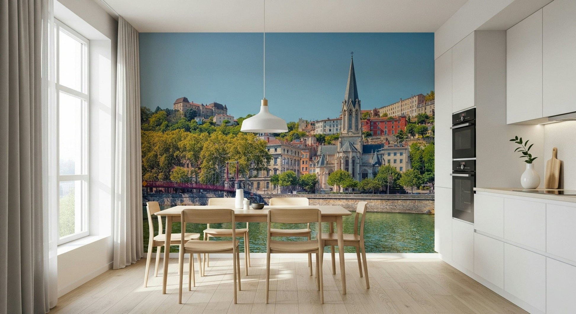 Lyon mural behind bed, modern bedroom styling in soft colours