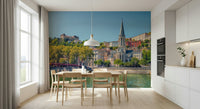 Lyon mural behind bed, modern bedroom styling in soft colours