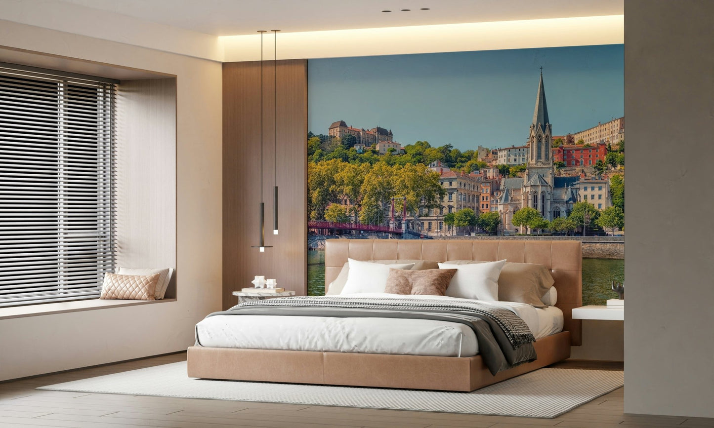 Riverside city mural in reading nook, calm colour palette