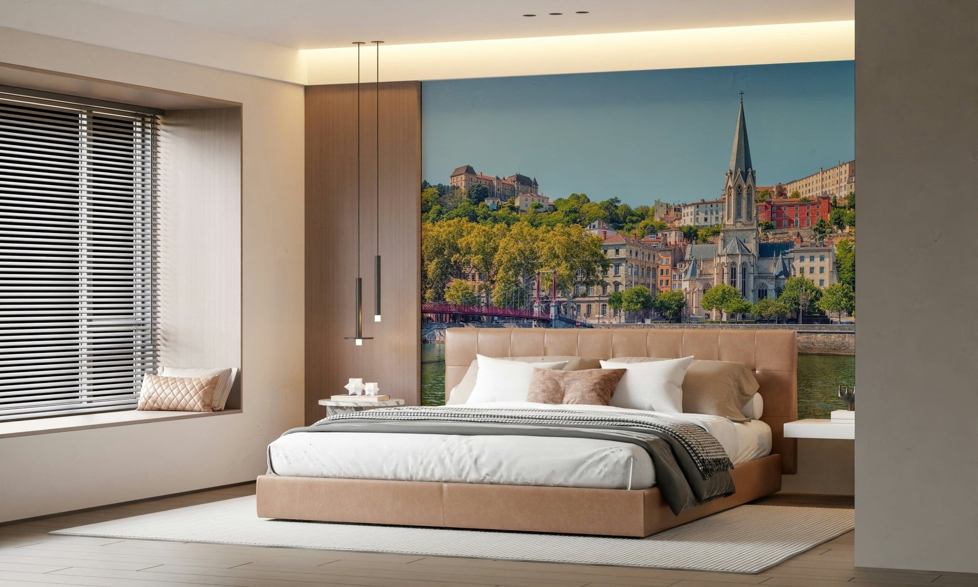 Riverside city mural in reading nook, calm colour palette