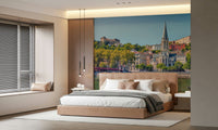 Riverside city mural in reading nook, calm colour palette
