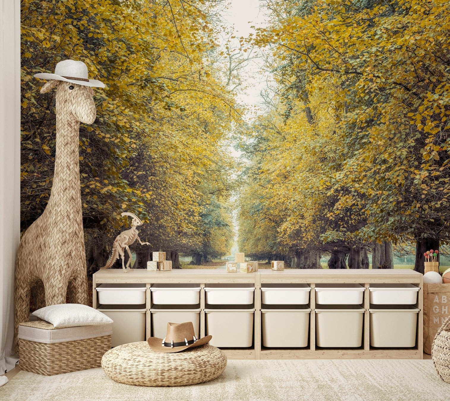 Fallen leaves are visible on the ground along the sides of the road.
