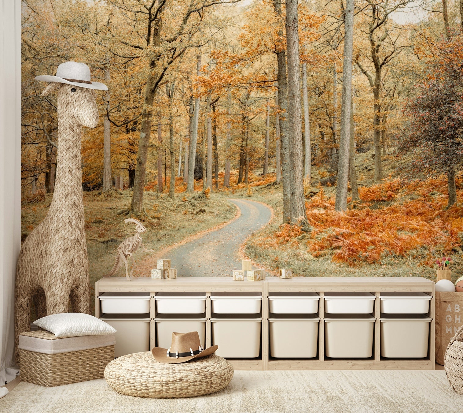Winding road through autumn forest mural

