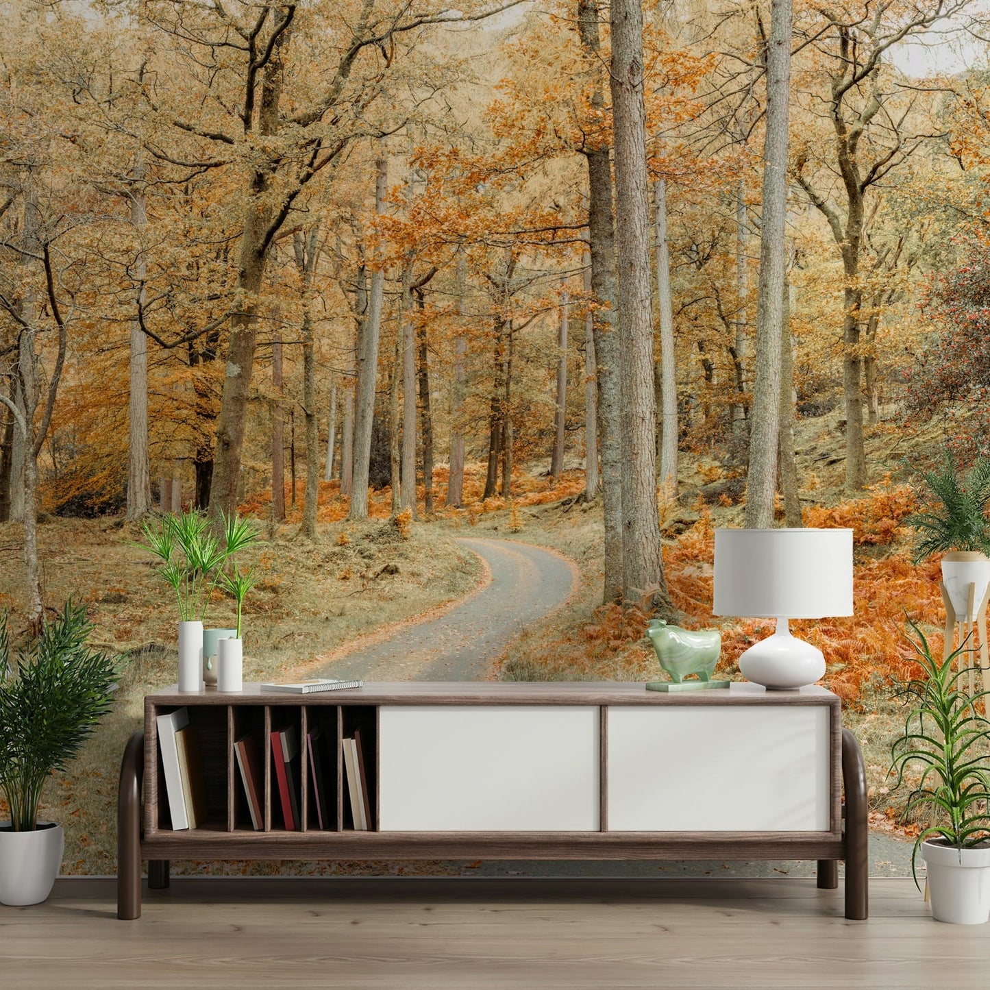 Fall forest mural with soft earthy tones

