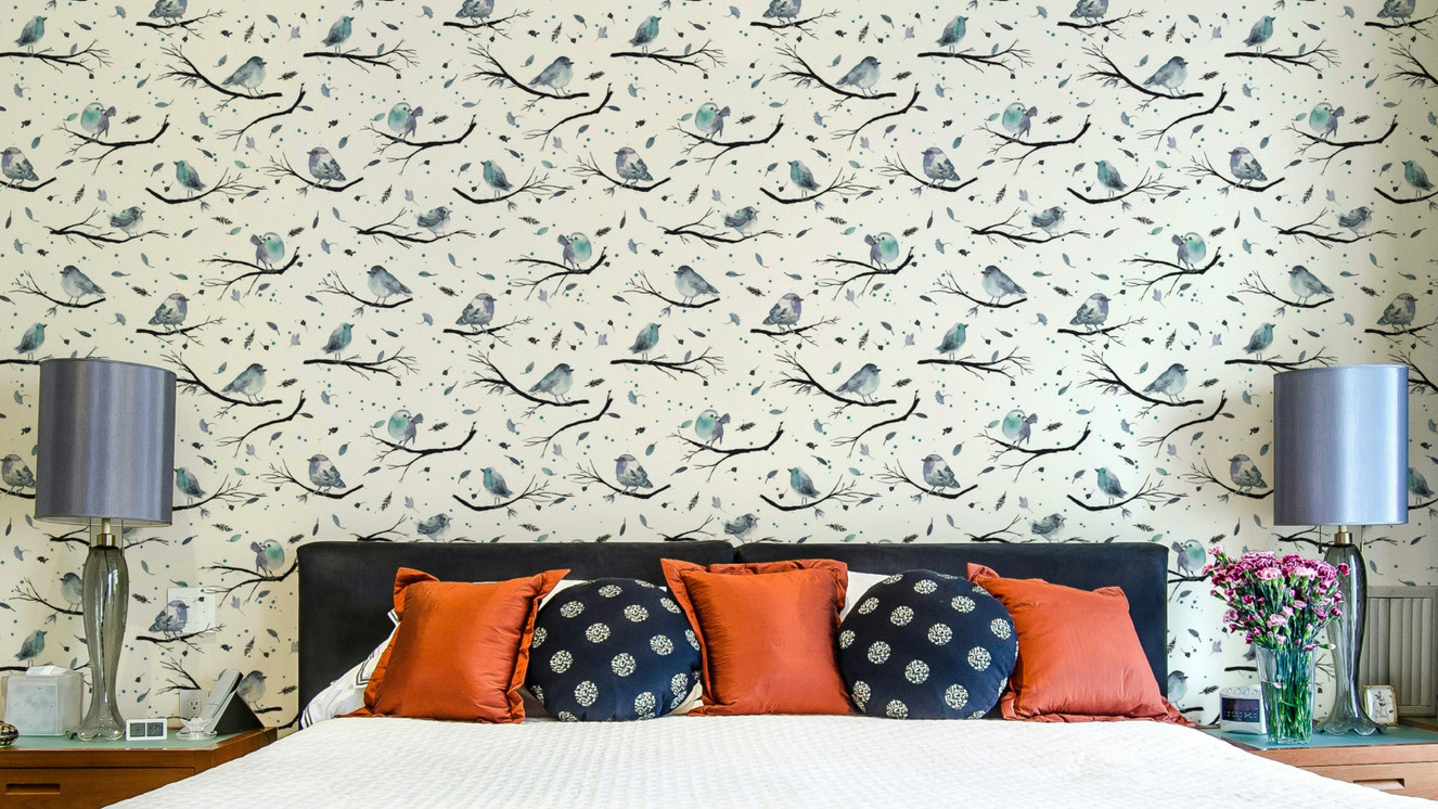 Aqua blue wallpaper with robin birds on branches

