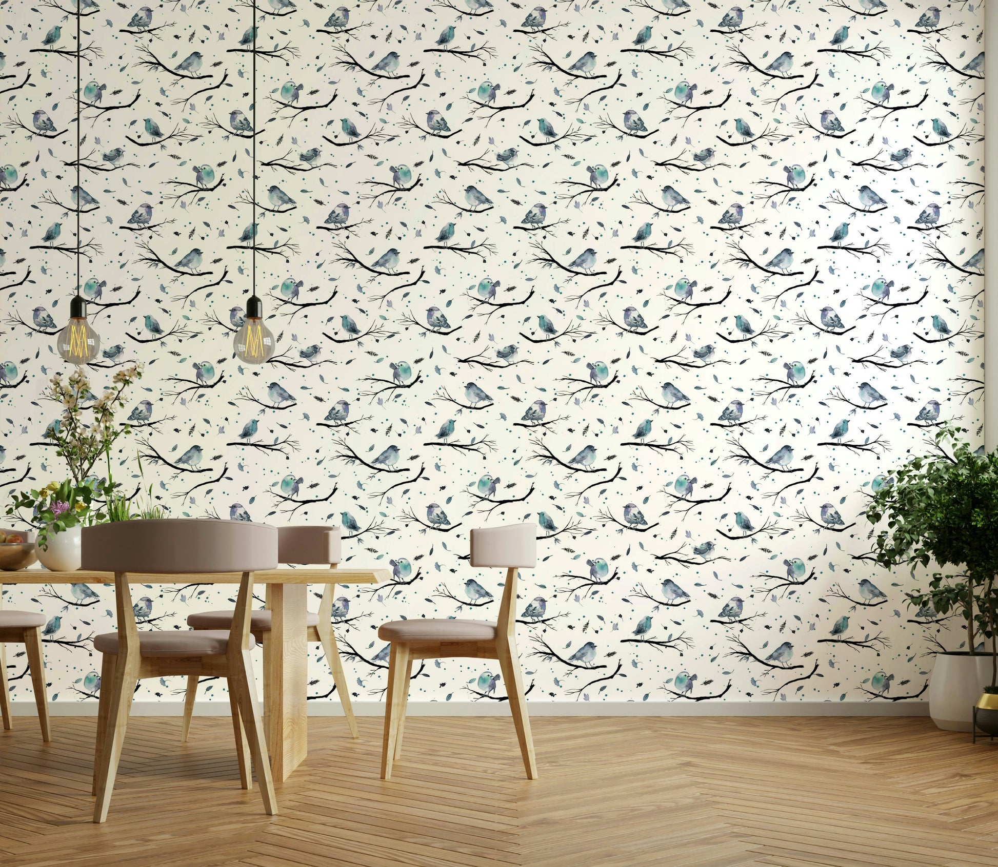 Robin red birds perched on blue tree wallpaper

