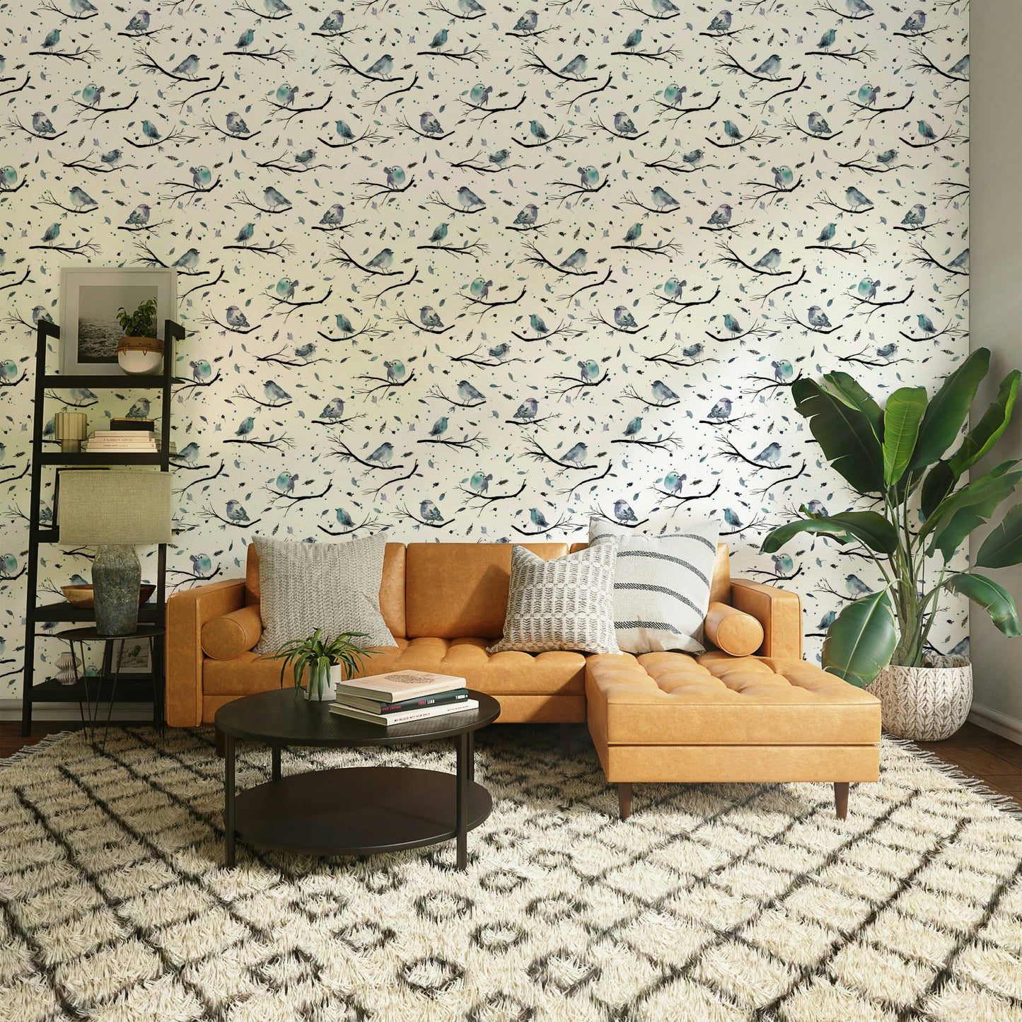 Aqua wallpaper featuring red robins and branches

