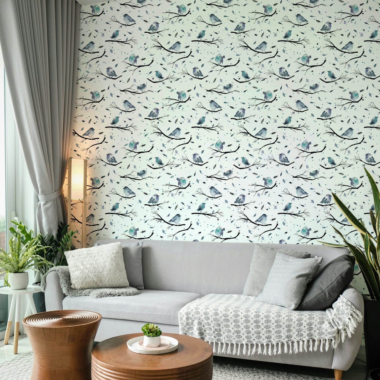 Delicate robin bird pattern on blue background

