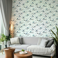 Delicate robin bird pattern on blue background

