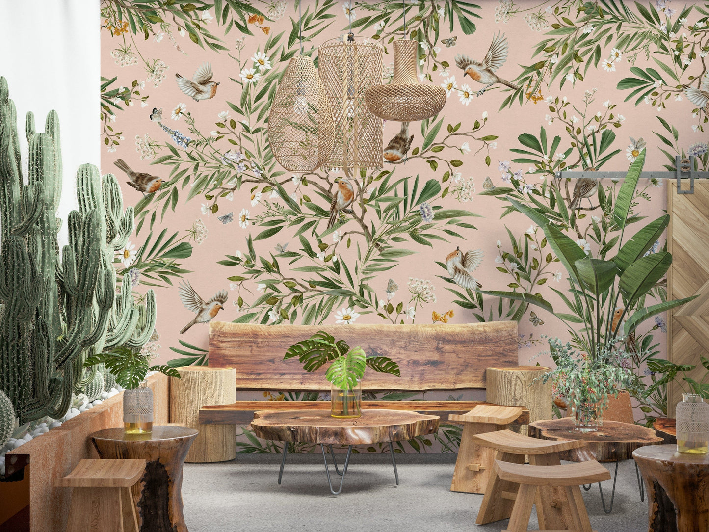 Soft pink floral mural backdrop for a nursery or kids' room reading corner