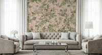 Botanical mural with robin birds and blush blooms for a modern living room feature wall