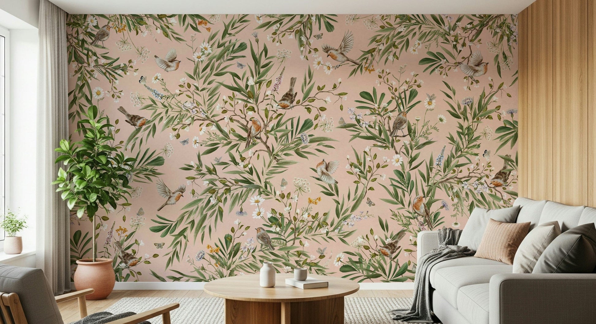 Botanical bird mural for a home office, pairing well with light wood and white tones
