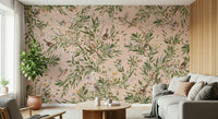Botanical bird mural for a home office, pairing well with light wood and white tones